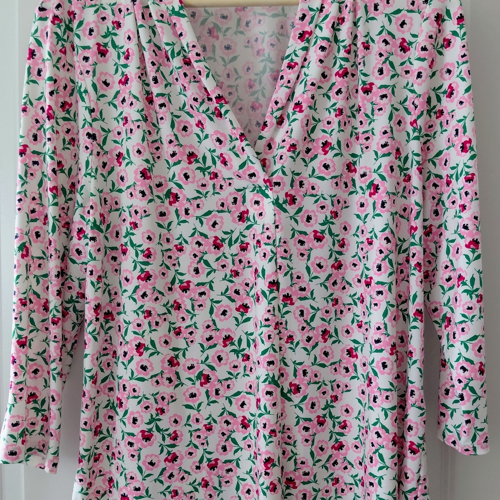 Charter Club Pink Floral V-Neck Tunic with Green Leaf Print